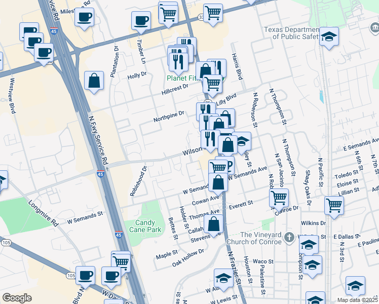 map of restaurants, bars, coffee shops, grocery stores, and more near 909 Wilson Road in Conroe