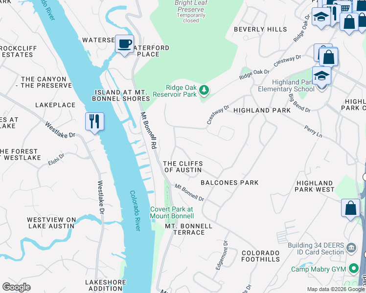 map of restaurants, bars, coffee shops, grocery stores, and more near 3424 Mount Barker Drive in Austin