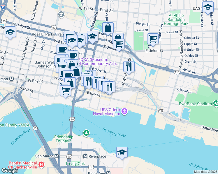 map of restaurants, bars, coffee shops, grocery stores, and more near 208 North Liberty Street in Jacksonville