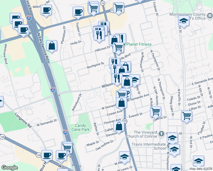 map of restaurants, bars, coffee shops, grocery stores, and more near 911 Wilson Road in Conroe