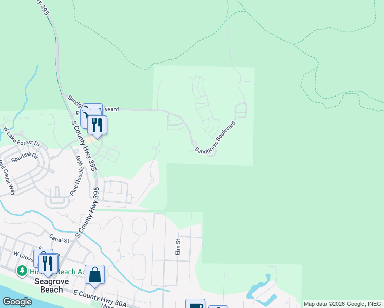 map of restaurants, bars, coffee shops, grocery stores, and more near 812 Sandgrass Boulevard in Santa Rosa Beach