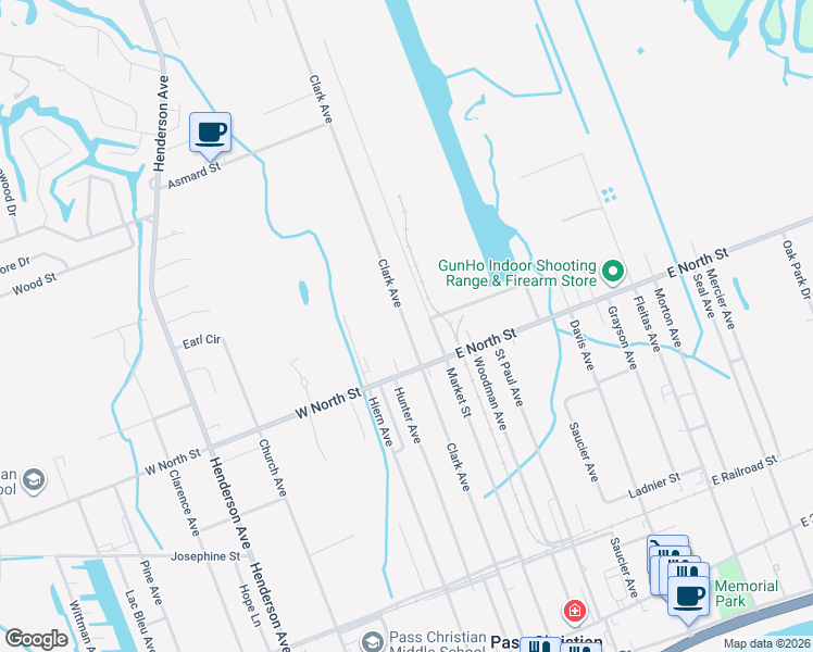 map of restaurants, bars, coffee shops, grocery stores, and more near 493 Clark Avenue in Pass Christian