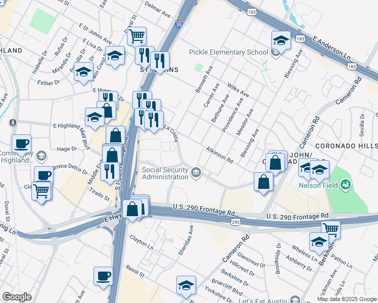 map of restaurants, bars, coffee shops, grocery stores, and more near 1016 Camino La Costa in Austin
