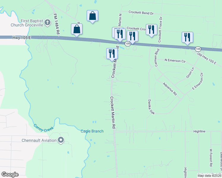 map of restaurants, bars, coffee shops, grocery stores, and more near 2391 Crockett Martin Road in Conroe