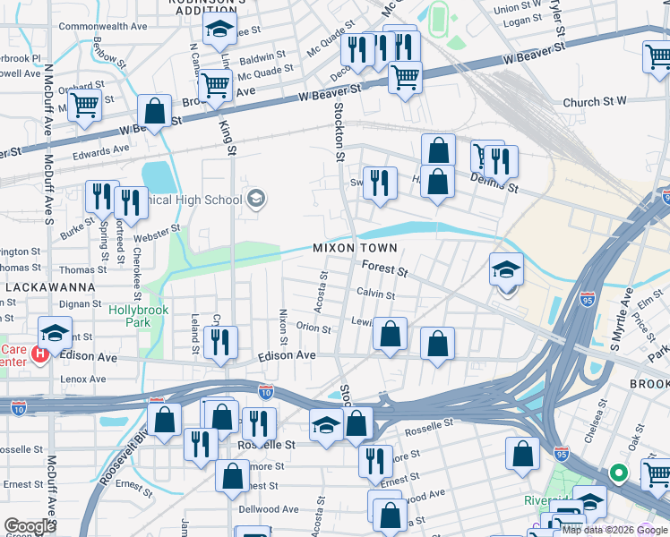 map of restaurants, bars, coffee shops, grocery stores, and more near 2527 Summit Street in Jacksonville