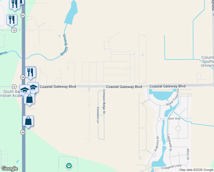 map of restaurants, bars, coffee shops, grocery stores, and more near Raley Lane in Gulf Shores