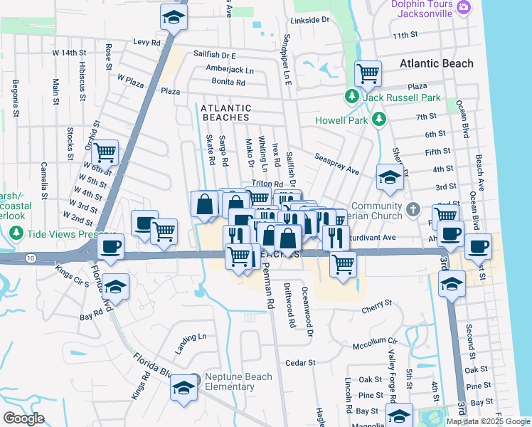 map of restaurants, bars, coffee shops, grocery stores, and more near 781 Cavalla Road in Atlantic Beach