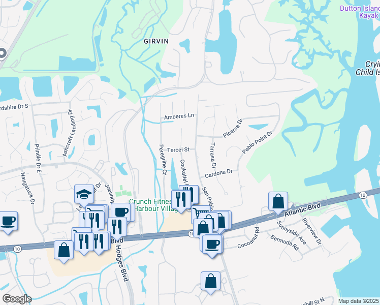 map of restaurants, bars, coffee shops, grocery stores, and more near 383 Cockatiel Drive in Jacksonville