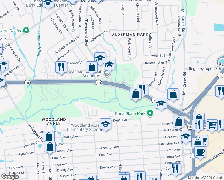 map of restaurants, bars, coffee shops, grocery stores, and more near in Jacksonville