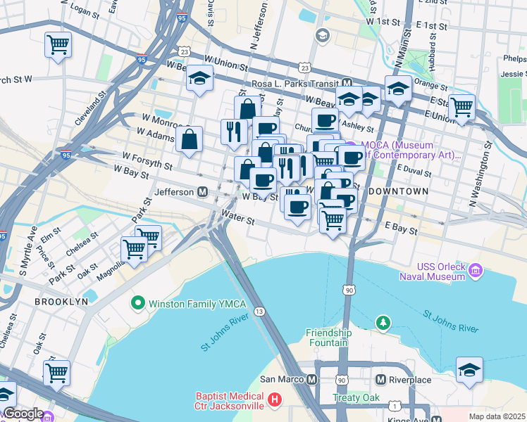 map of restaurants, bars, coffee shops, grocery stores, and more near 541 Water Street in Jacksonville