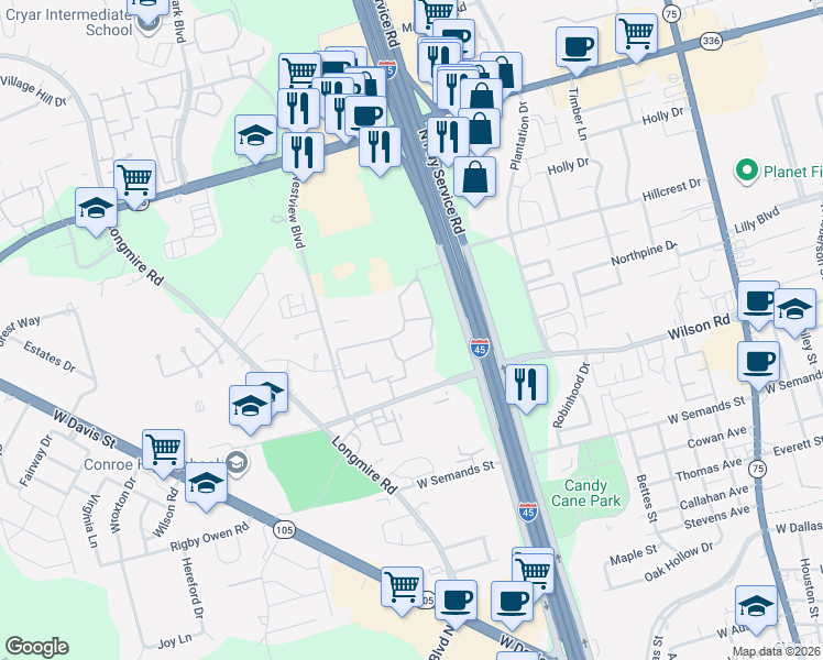 map of restaurants, bars, coffee shops, grocery stores, and more near 1920 Westview Boulevard in Conroe