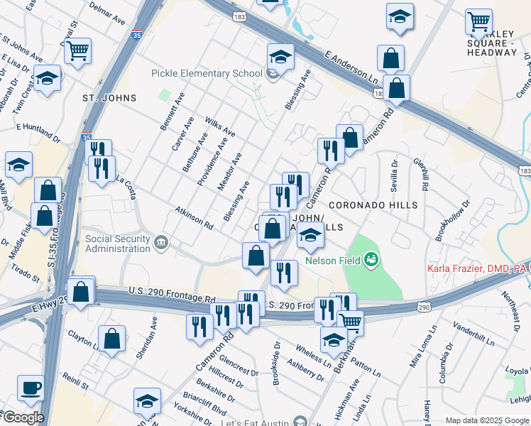 map of restaurants, bars, coffee shops, grocery stores, and more near 7112 Grand Canyon Drive in Austin