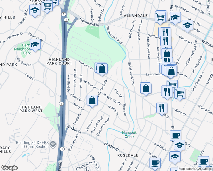 map of restaurants, bars, coffee shops, grocery stores, and more near 2715 Hancock Drive in Austin