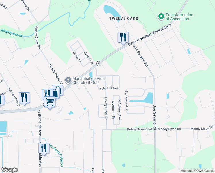 map of restaurants, bars, coffee shops, grocery stores, and more near 17470 Cherry Creek Drive in Prairieville