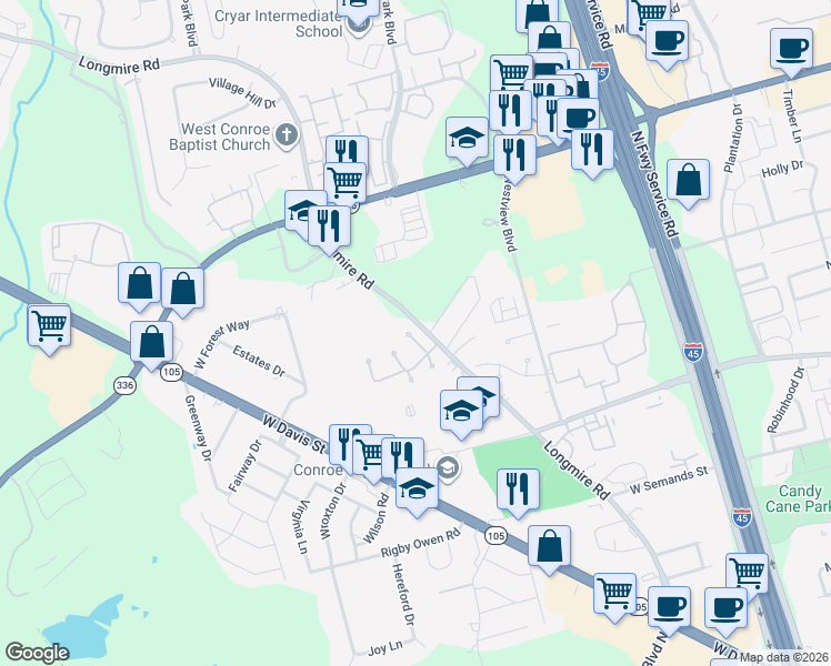 map of restaurants, bars, coffee shops, grocery stores, and more near 750 Longmire Road in Conroe