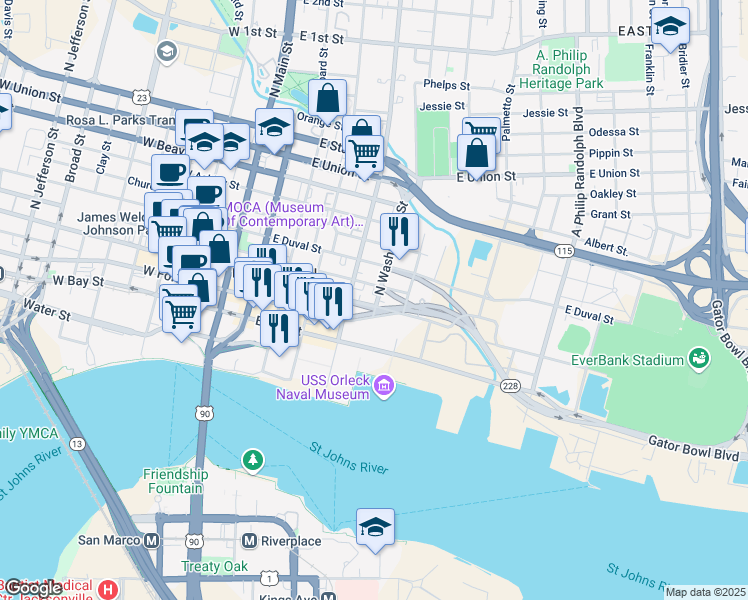map of restaurants, bars, coffee shops, grocery stores, and more near 208 North Washington Street in Jacksonville