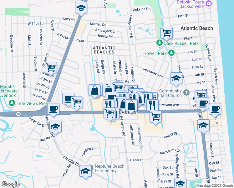 map of restaurants, bars, coffee shops, grocery stores, and more near 781 Cavalla Road in Atlantic Beach