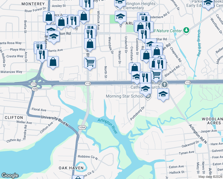 map of restaurants, bars, coffee shops, grocery stores, and more near 6200 Arlington Expressway in Jacksonville