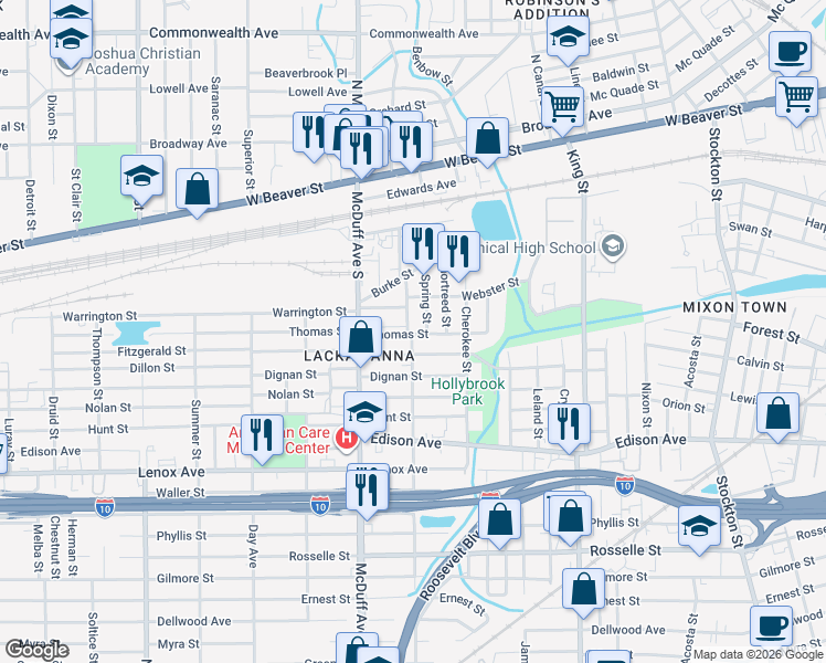 map of restaurants, bars, coffee shops, grocery stores, and more near 2949 Thomas Street in Jacksonville