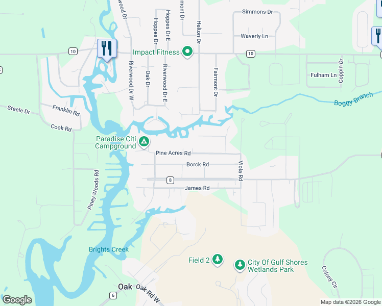 map of restaurants, bars, coffee shops, grocery stores, and more near 19045 Pine Acres Rd in Gulf Shores
