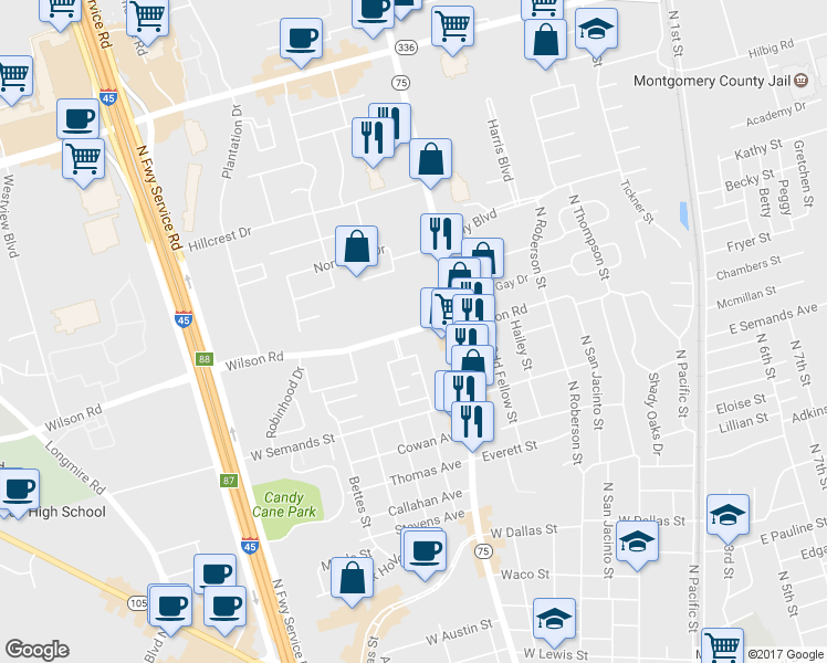 map of restaurants, bars, coffee shops, grocery stores, and more near 961 Wilson Road in Conroe