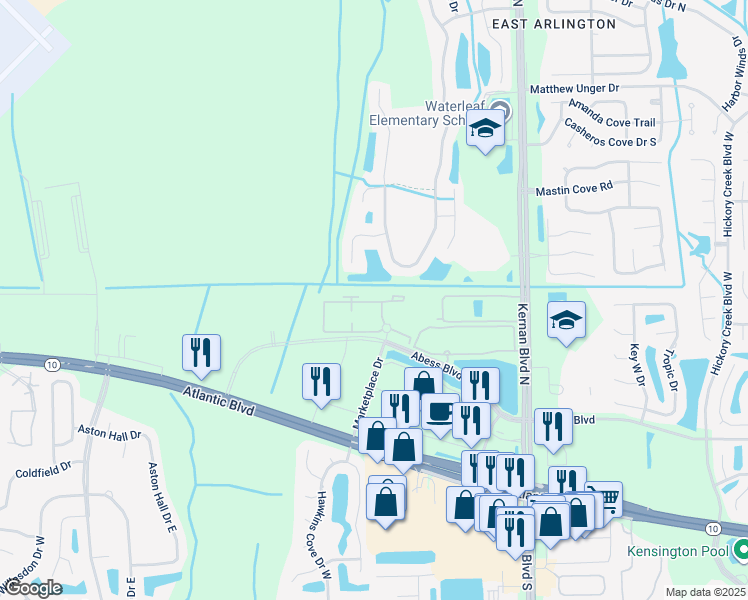 map of restaurants, bars, coffee shops, grocery stores, and more near 11901 Abess Boulevard in Jacksonville