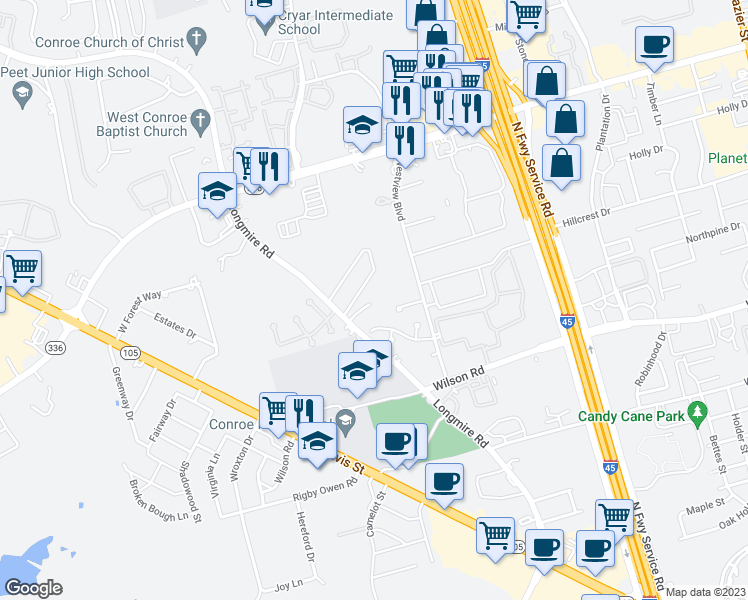 map of restaurants, bars, coffee shops, grocery stores, and more near 704 Longmire Road in Conroe