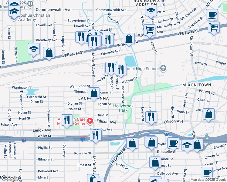 map of restaurants, bars, coffee shops, grocery stores, and more near 2921 Thomas Street in Jacksonville