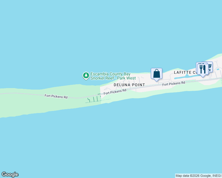 map of restaurants, bars, coffee shops, grocery stores, and more near 1350 Fort Pickens Road in Escambia County