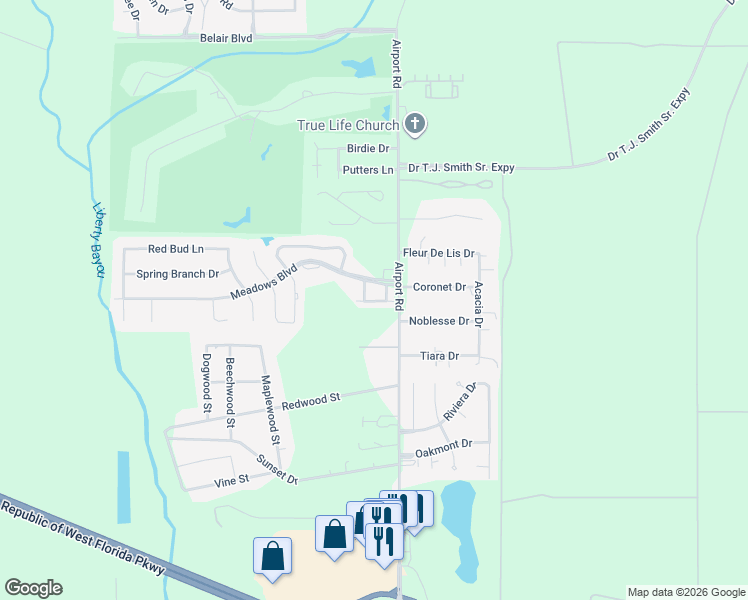 map of restaurants, bars, coffee shops, grocery stores, and more near 1 Meadows Boulevard in Slidell