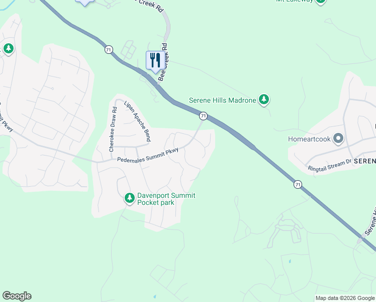 map of restaurants, bars, coffee shops, grocery stores, and more near 5408 Pedernales Summit Parkway in Spicewood