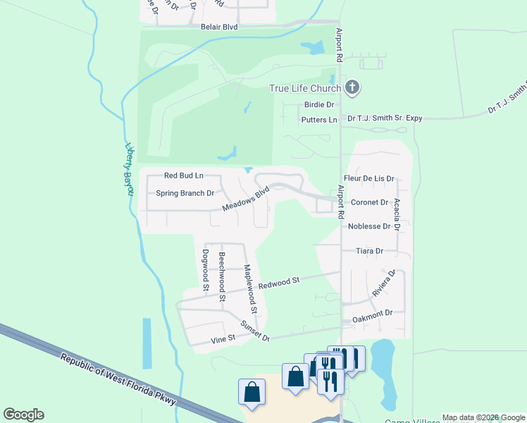 map of restaurants, bars, coffee shops, grocery stores, and more near 1108 Rose Meadow Loop in Slidell
