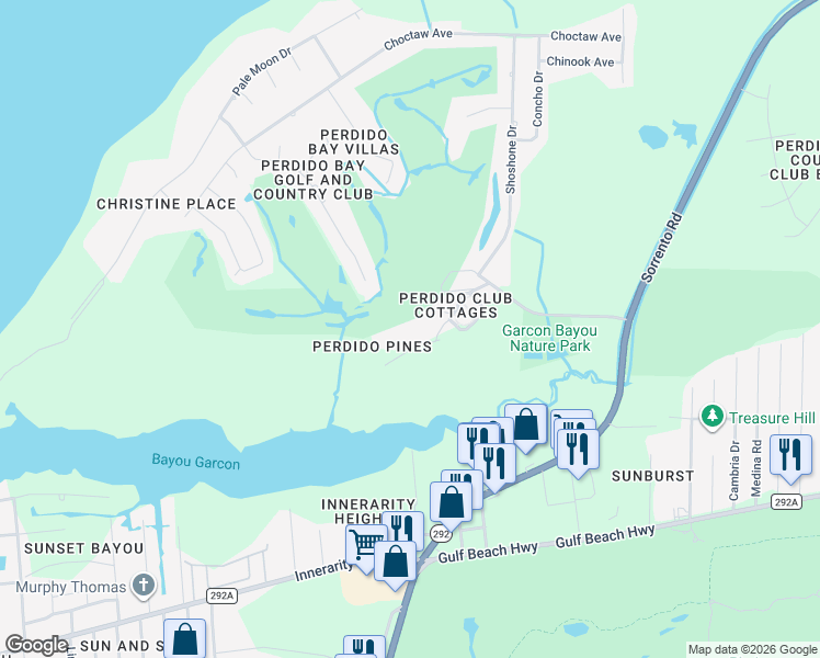 map of restaurants, bars, coffee shops, grocery stores, and more near 13410 Valerie Drive in Pensacola
