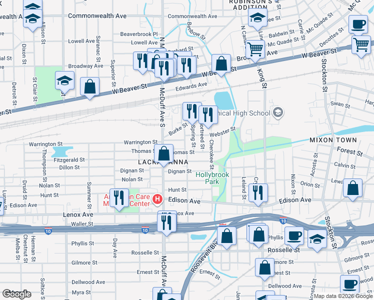map of restaurants, bars, coffee shops, grocery stores, and more near 2943 Thomas Street in Jacksonville