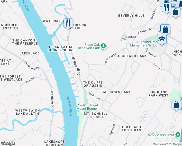 map of restaurants, bars, coffee shops, grocery stores, and more near 3500 Mount Barker Drive in Austin