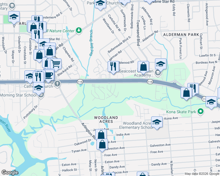 map of restaurants, bars, coffee shops, grocery stores, and more near 734 Oaks Field Road in Jacksonville