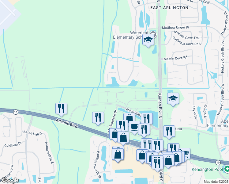 map of restaurants, bars, coffee shops, grocery stores, and more near 12154 Narrowleaf Court in Jacksonville