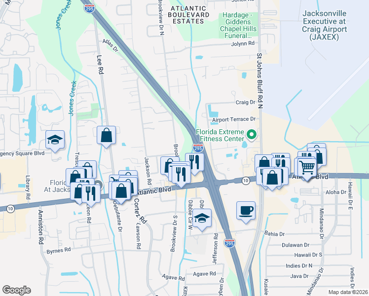 map of restaurants, bars, coffee shops, grocery stores, and more near 201 Brookview Drive South in Jacksonville