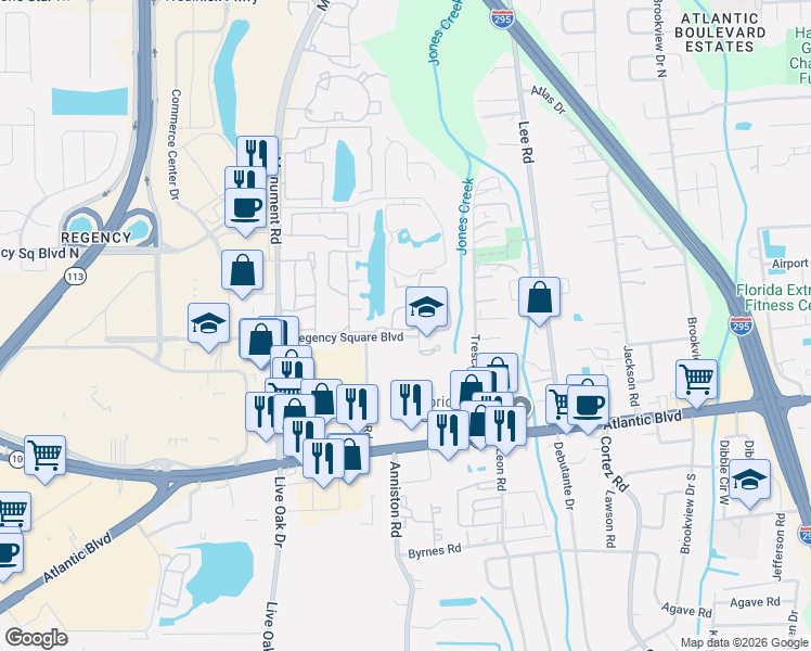 map of restaurants, bars, coffee shops, grocery stores, and more near 318 Raleigh Road in Jacksonville