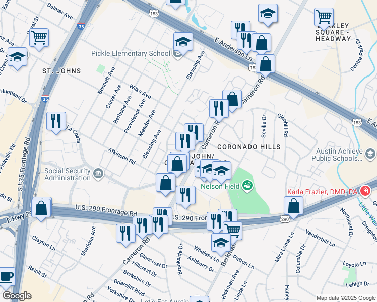 map of restaurants, bars, coffee shops, grocery stores, and more near 1301 East Saint Johns Avenue in Austin