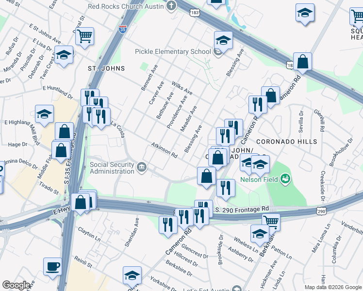 map of restaurants, bars, coffee shops, grocery stores, and more near 6918 Blessing Avenue in Austin