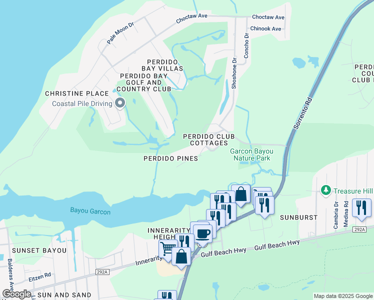 map of restaurants, bars, coffee shops, grocery stores, and more near 13412 Valerie Drive in Pensacola