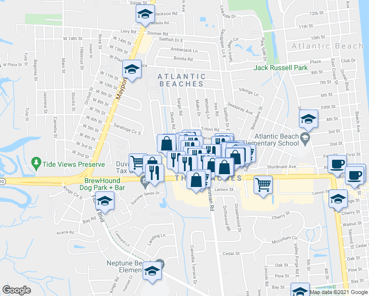 map of restaurants, bars, coffee shops, grocery stores, and more near 816 Cavalla Road in Atlantic Beach