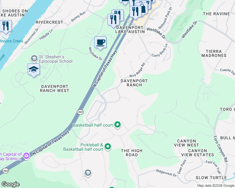 map of restaurants, bars, coffee shops, grocery stores, and more near 2912 Round Table Road in Austin