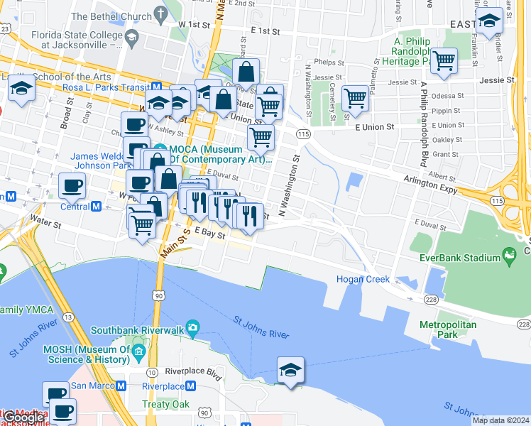 map of restaurants, bars, coffee shops, grocery stores, and more near 211 North Liberty Street in Jacksonville