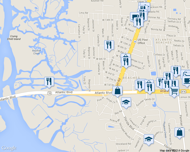 map of restaurants, bars, coffee shops, grocery stores, and more near 267 Jasmine Street in Atlantic Beach