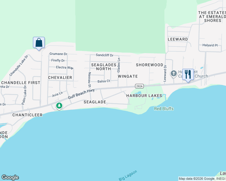 map of restaurants, bars, coffee shops, grocery stores, and more near 11011 Gulf Beach Highway in Pensacola