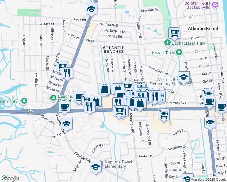 map of restaurants, bars, coffee shops, grocery stores, and more near 816 Cavalla Road in Atlantic Beach