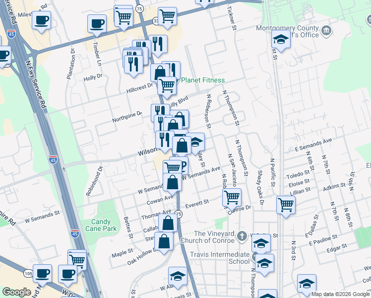 map of restaurants, bars, coffee shops, grocery stores, and more near 1700 North Frazier Street in Conroe