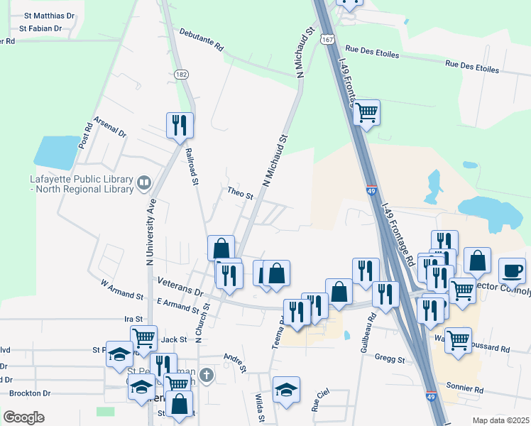 map of restaurants, bars, coffee shops, grocery stores, and more near 510 North Michaud Street in Carencro